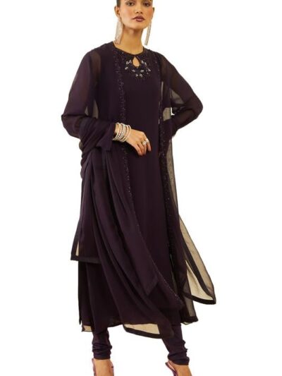 Soch Womens Wine Georgette Beadwork Embellished A-Line Chudidar Suit Set with Shrug