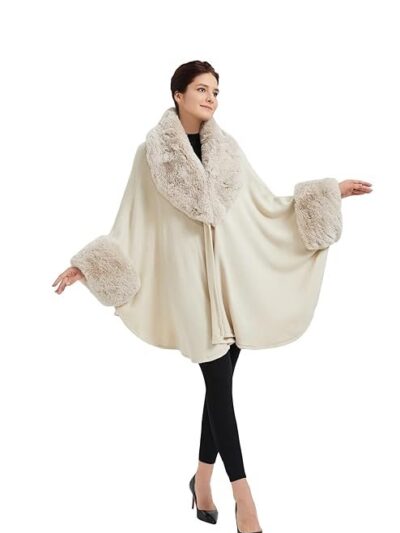 SUFCOMOU Women Cape Poncho with Fur Trim Winter Faux Fur Shawl Wrap Coat Sleeveless Cardigan Cloak