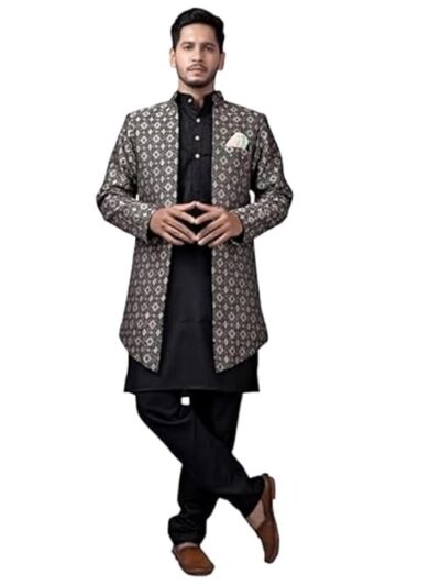 Amzira Men's Stylish Ethnic Wear Black Kurta Pajama Set with Long Jacket,