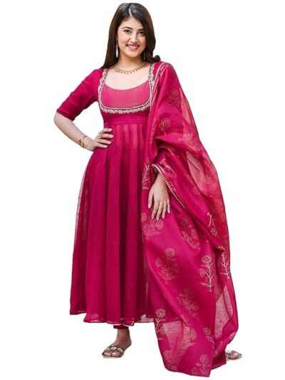 GoSriKi Women's Rayon Viscose Embroidered Anarkali Kurta with Pant & Dupatta