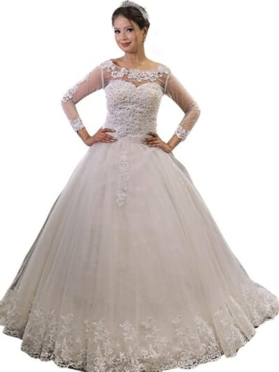 GOWNLINK White Full Stitched with Layers Christian Wedding Catholic Wedding White Train Gown Wedding Dress in White Frock Women with Sleeves GL8020T