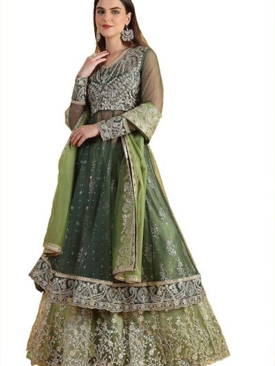 Wishful Women's Green Metallic Embroidery Mesh Flared Kurta & Skirt with Dupatta Set