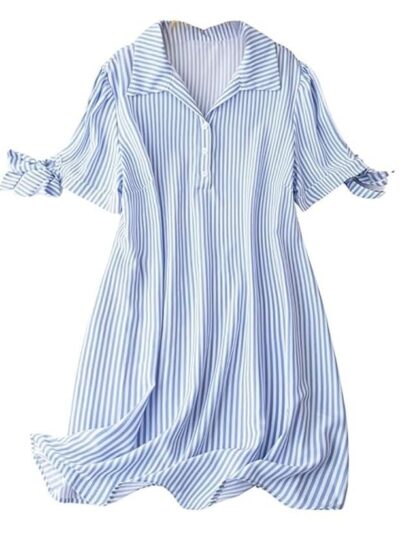 Leriya Fashion Striped Shirt Style Mini Dress for Women | Collared Casual A-Line | Tunic with Tie Sleeves & Front Buttons