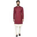 KISAH Men Maroon Solid Kurta Indo-Western Sherwani Set Indo-Western, Full Sleaves, Knee Length, Straight, Regular Fit, Mandarin Collar Ethnic wear