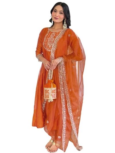 Naixa Women's Vichitra Silk Embroidered Straight Kurta with Pant and Dupatta Sets