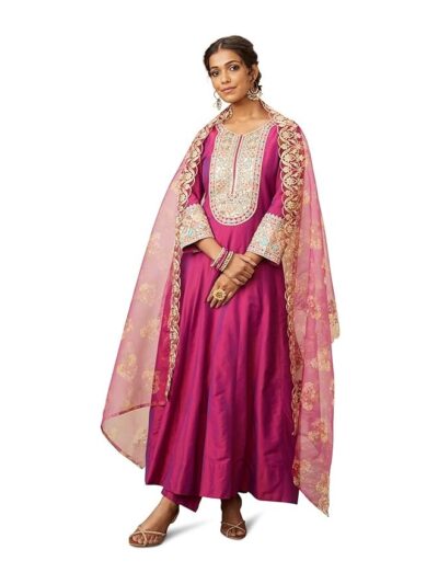 Amazon Brand - Myx Women's Embroidered Anarkali Kurta Pant Set with Organza Dupatta | Viscose,Rayon | A-line fit