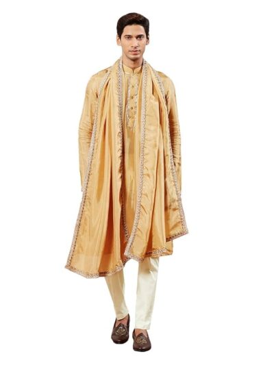 VASTRAMAY Men's Tissue Silk Kurta Pyjama And Dupatta Set - Full Sleeves with Lace Detailing, Golden Border Dupatta for Weddings & Festive Occasions